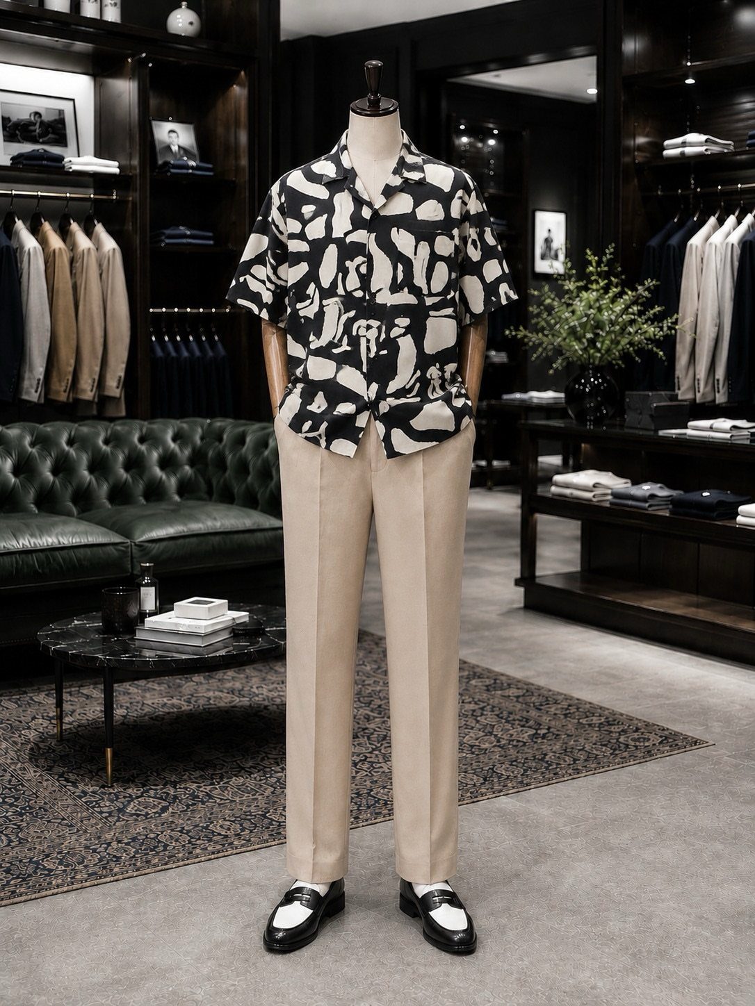 A mannequin dressed in a patterned black and white shirt, beige trousers, and black loafers.