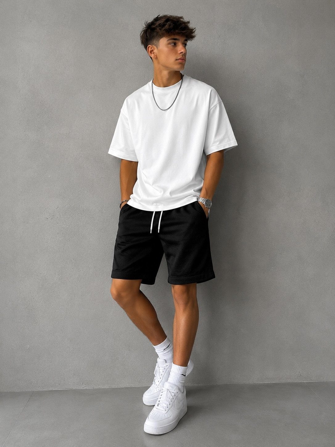 A young man in a white t-shirt and black shorts posing against a grey wall.