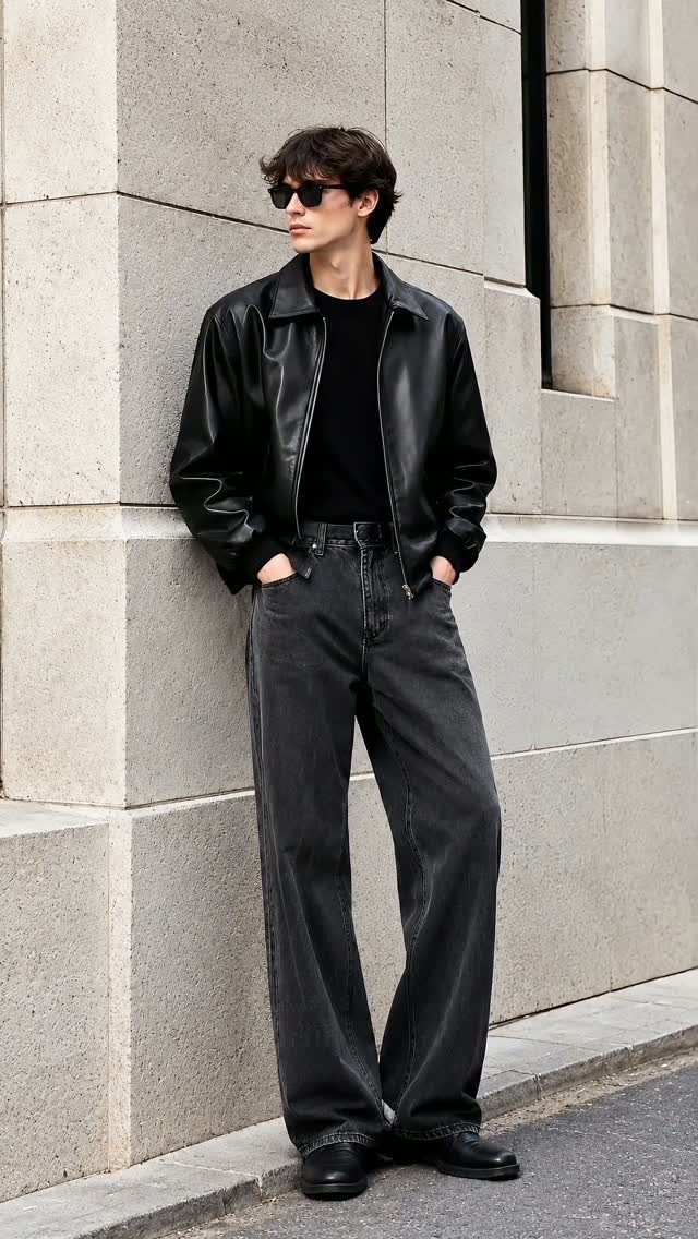 A man in a black leather jacket and wide-leg dark grey jeans leaning against a stone wall.