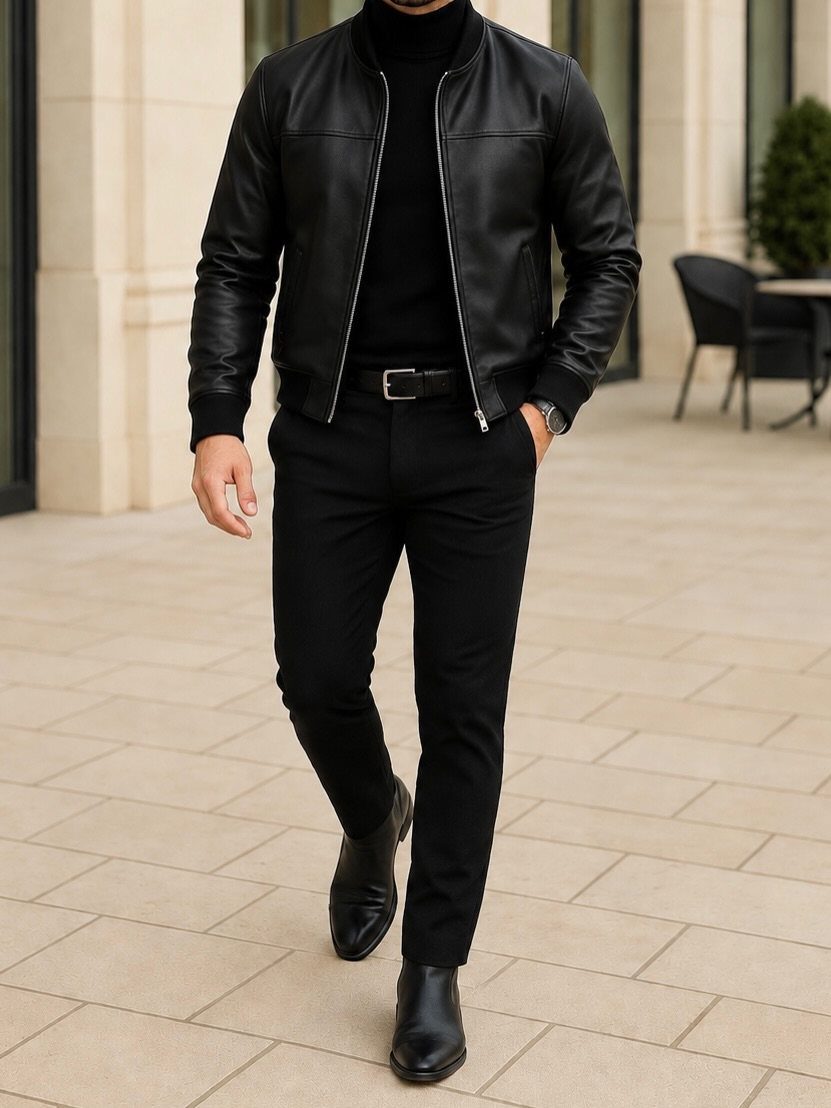 Man walking in a black leather bomber jacket, black turtleneck, and black trousers on a stone walkway.