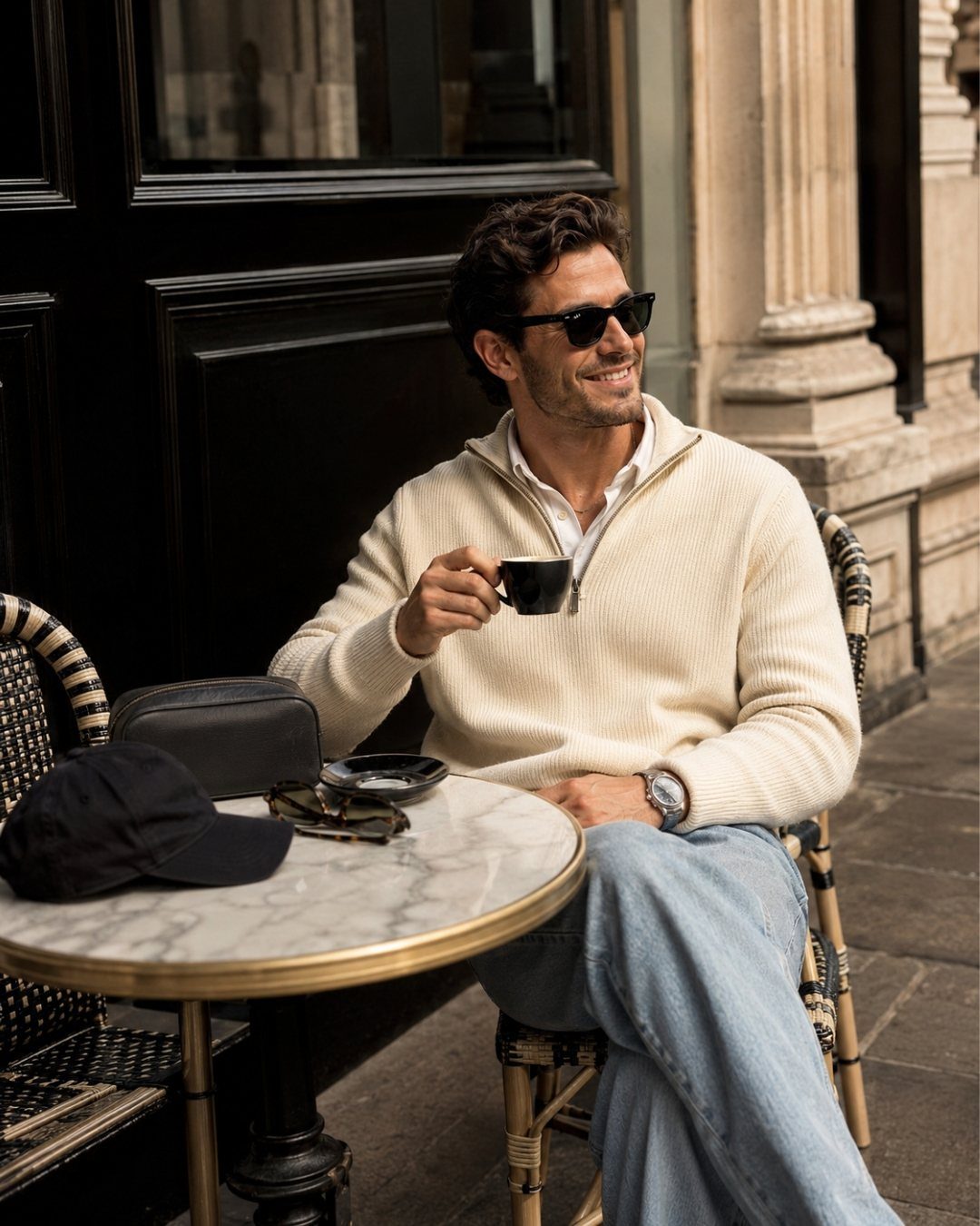 A man in a cream sweater and light blue jeans sitting at a cafe table.