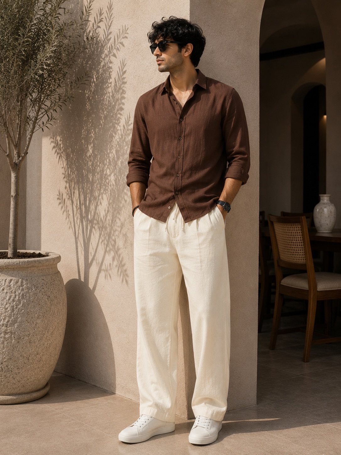 Man wearing a brown linen shirt and cream linen pants standing by a potted plant.