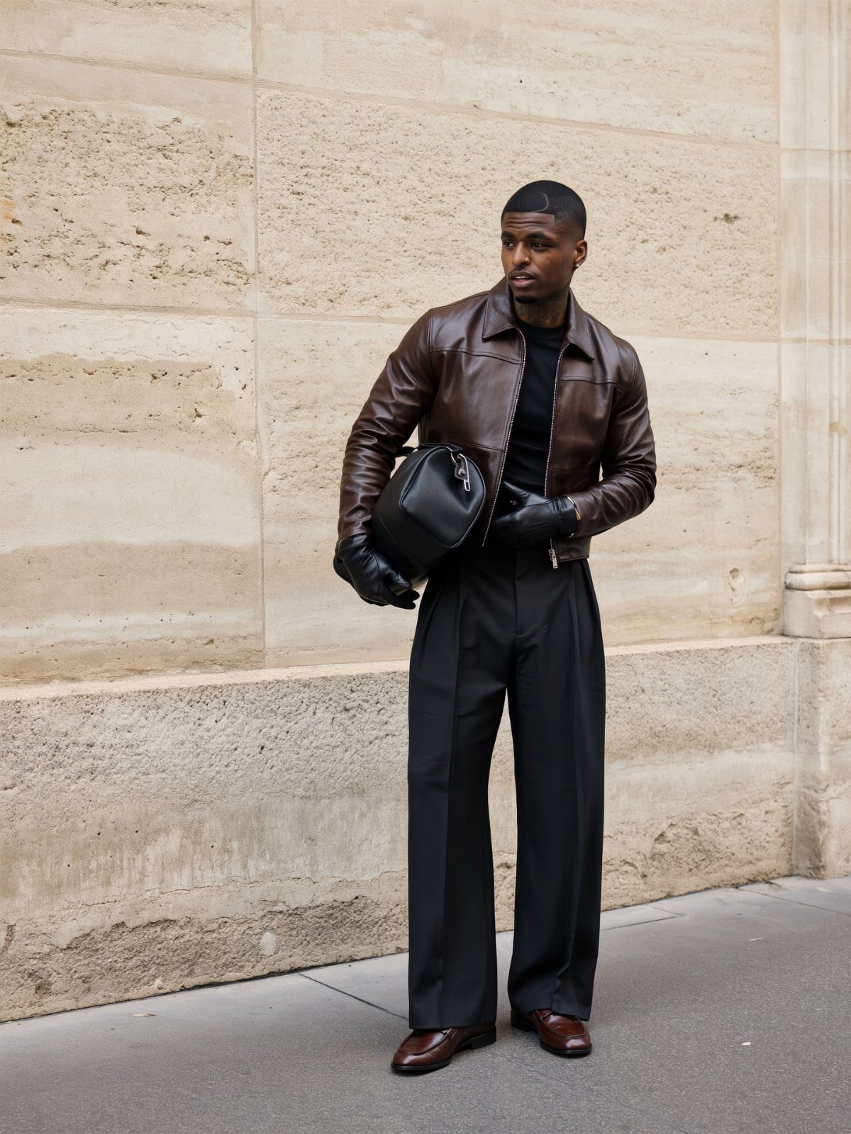 A man in a brown leather jacket and wide-leg black trousers standing against a stone wall.