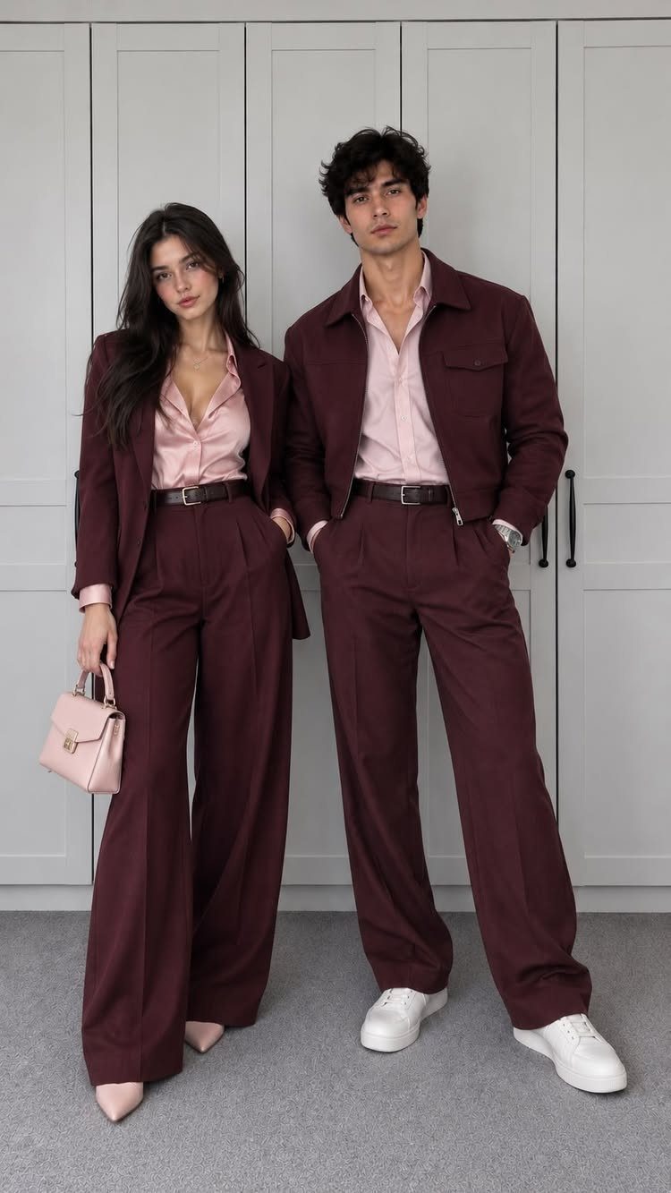 Man and woman posing in coordinated burgundy and light pink stylish outfits.
