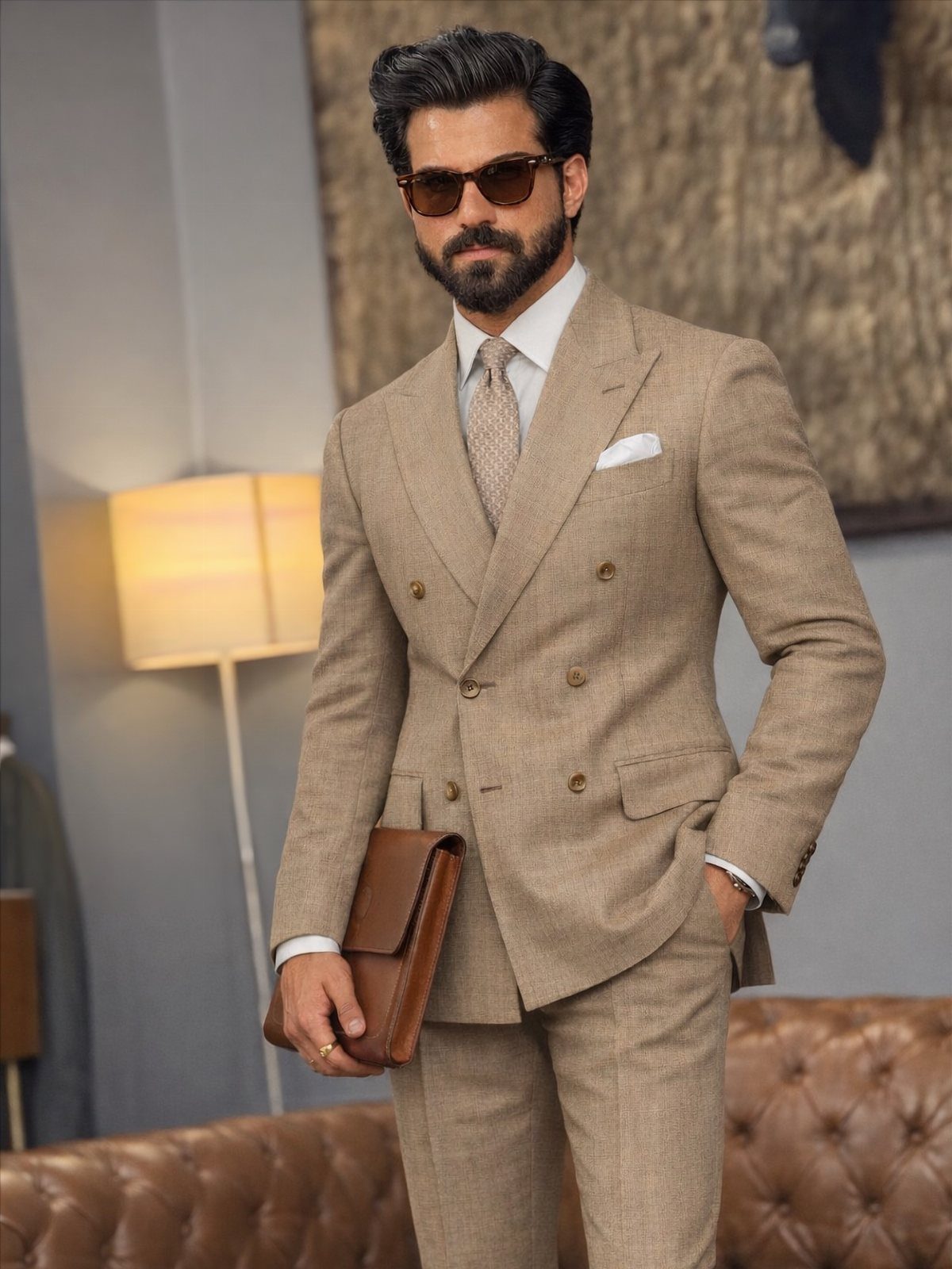 Man in a tan double-breasted suit and sunglasses holding a leather clutch bag.