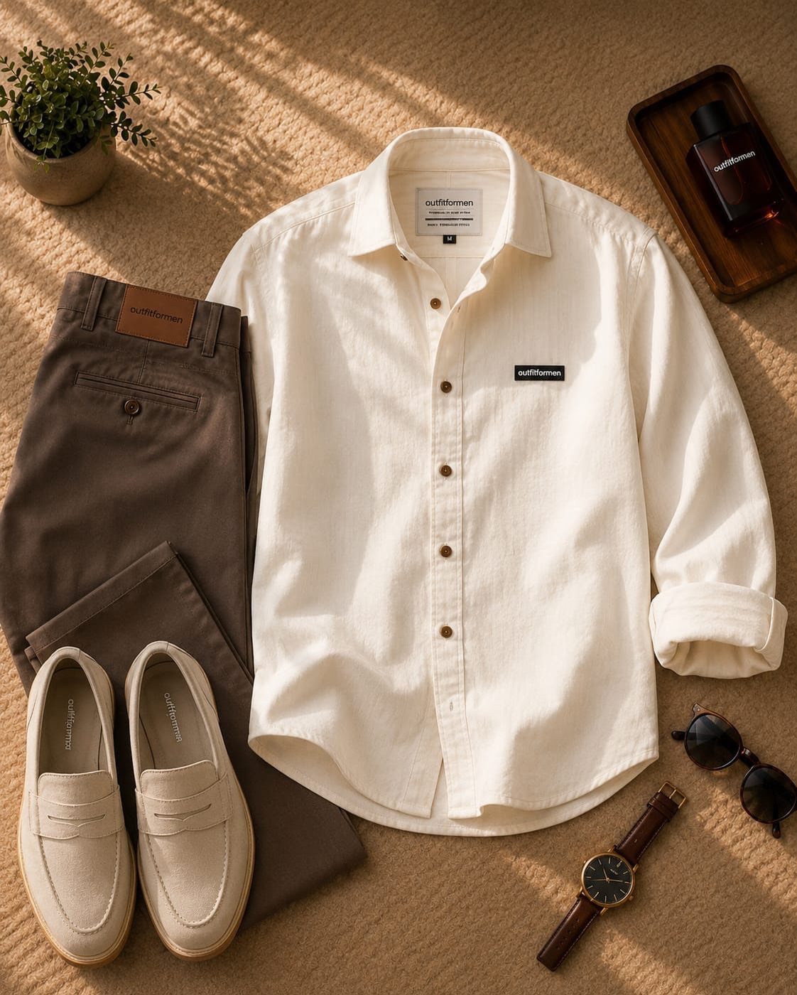 White button-down shirt, brown trousers, beige loafers, and accessories arranged in a flat lay.