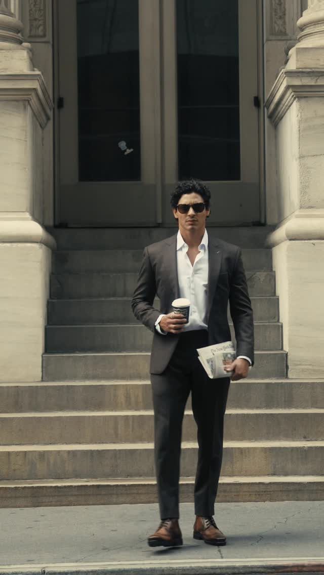 Man in a dark grey suit and sunglasses walking down stone steps holding coffee and newspaper.