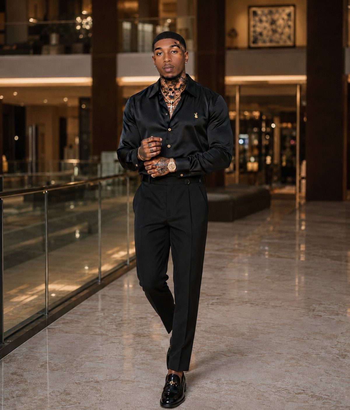 Man in all black satin shirt and tapered trousers standing in a luxury lobby.