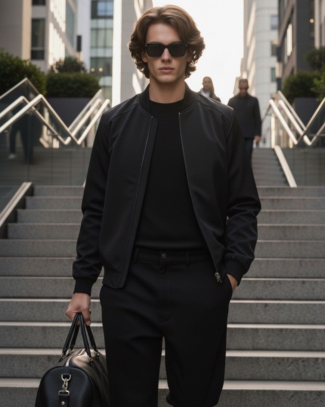 A man in an all-black outfit including a bomber jacket and sunglasses standing on stairs.