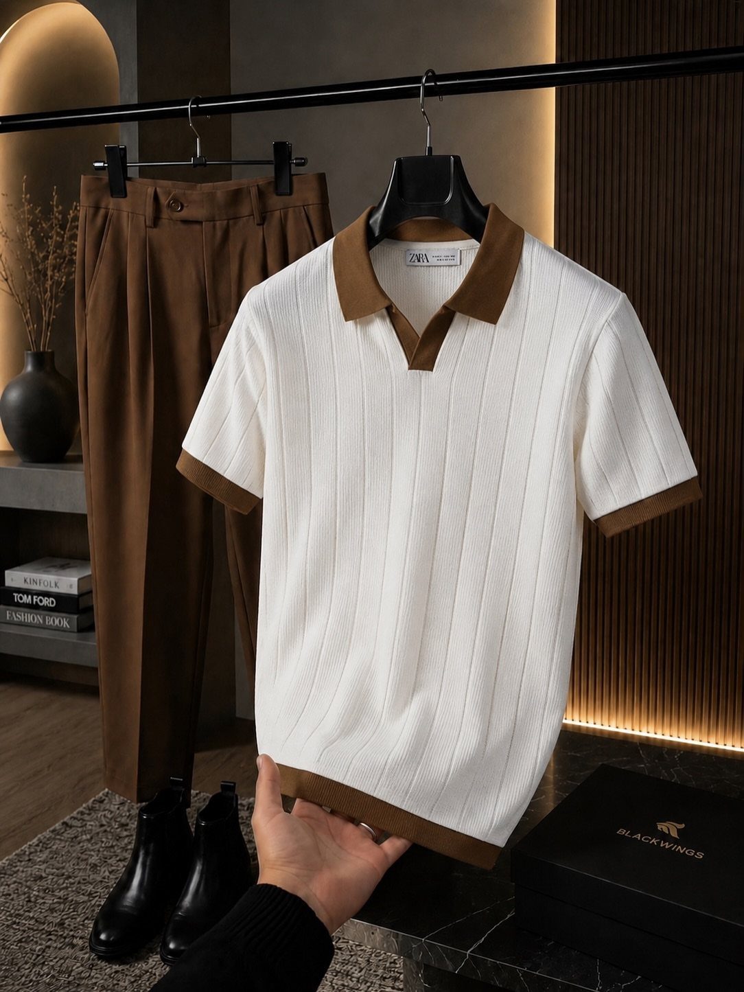 A hand holds a white textured polo shirt with brown trim against a clothing rack.