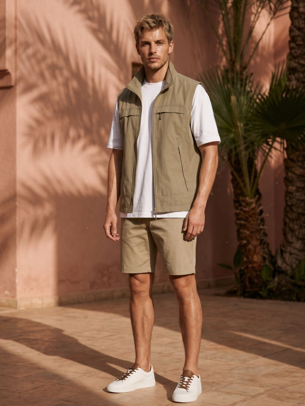 A man wearing a white t-shirt, olive green vest, and tan shorts standing outdoors.