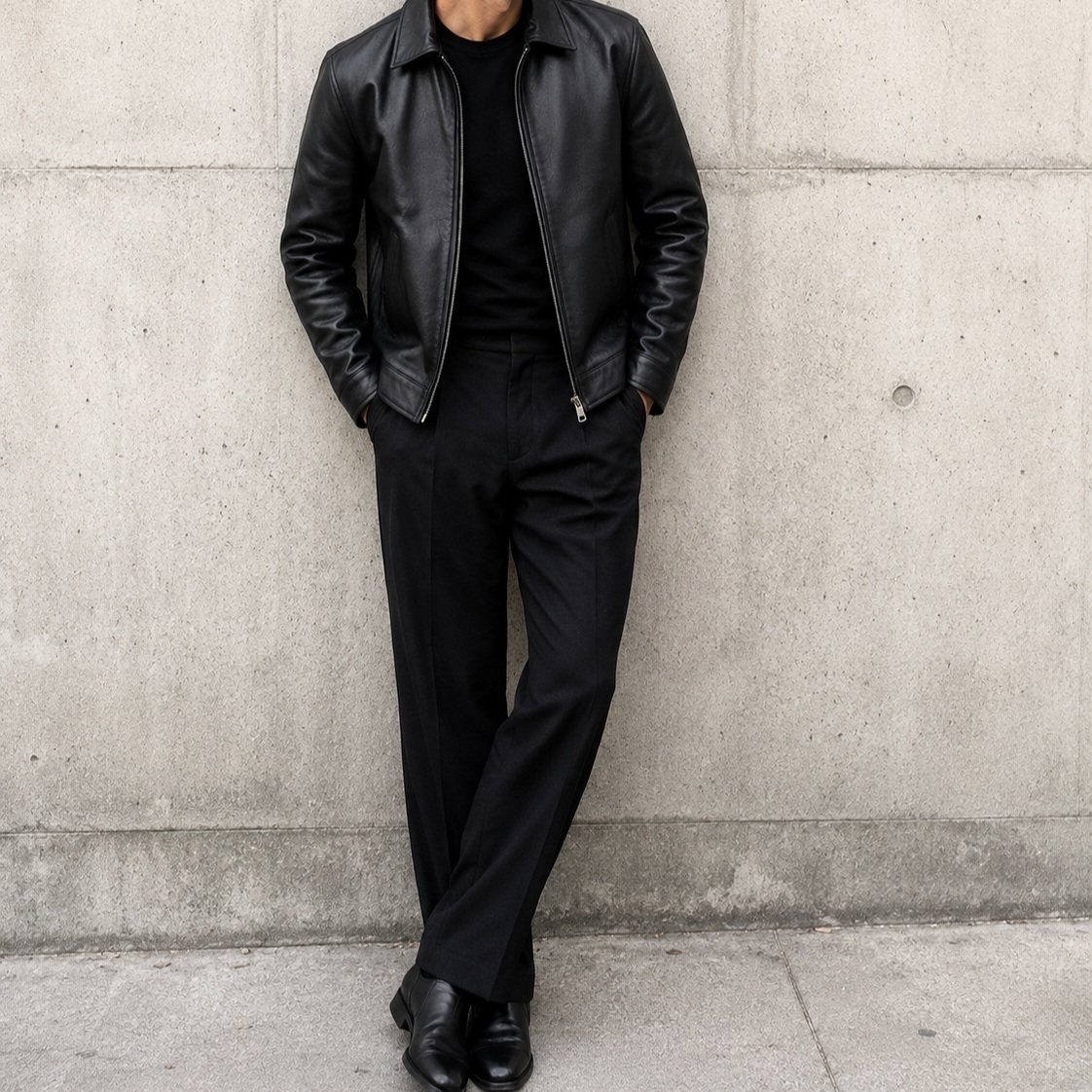 Man in an all-black outfit featuring a leather jacket and trousers standing against a concrete wall.