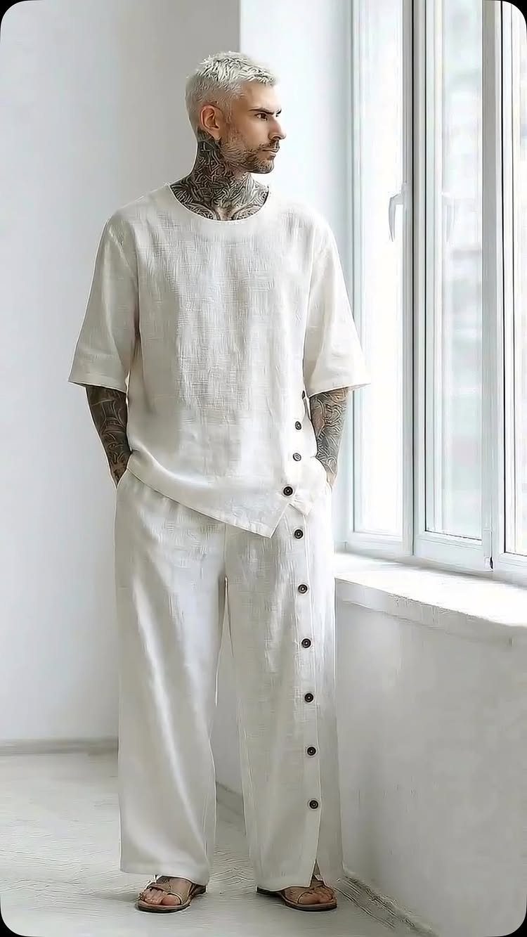 Man with tattoos wearing a white linen shirt and wide-leg trousers standing by a window.