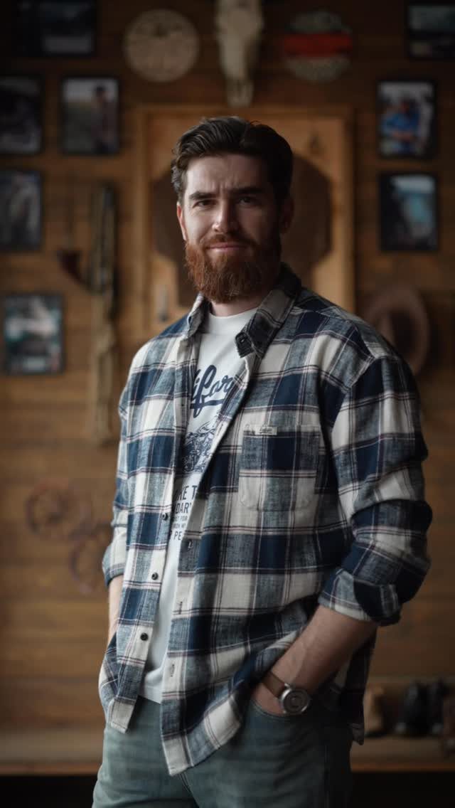 A bearded man wearing an open blue and white plaid flannel shirt over a white graphic t-shirt.