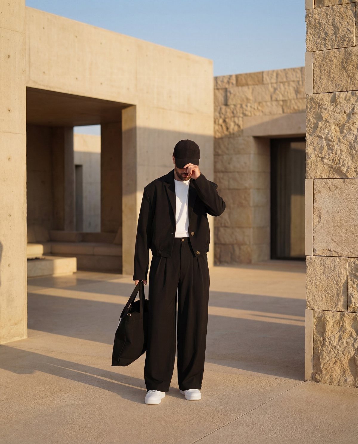 Man in black jacket and wide-leg black trousers standing by stone buildings.
