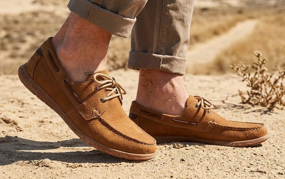 Brown suede boat shoes worn by a person standing on sandy ground in outdoor lighting.