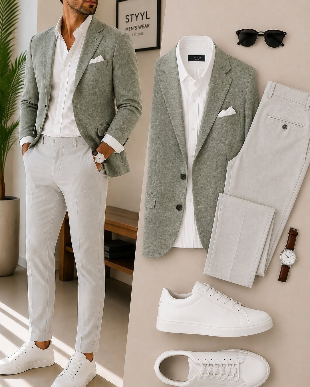Man in a sage green sportcoat and light grey trousers standing next to a flat lay of the same outfit.