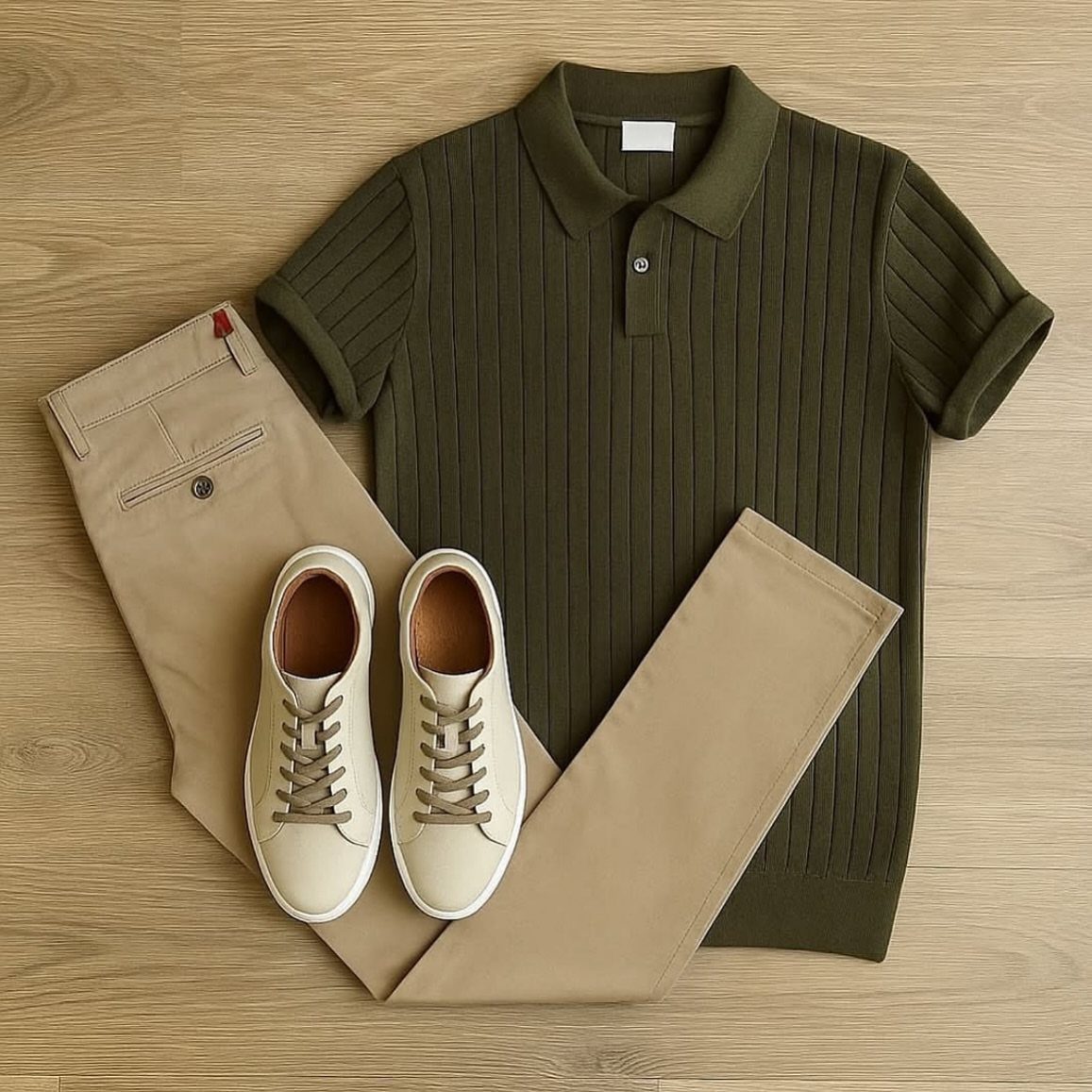 Olive green polo shirt, tan chinos, and cream sneakers laid flat on a wooden floor.