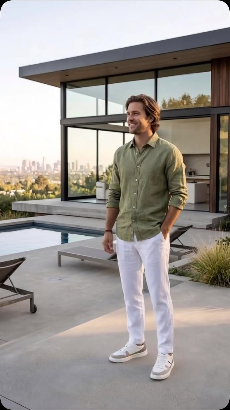 Man wearing an olive green linen shirt and white trousers standing by a pool.