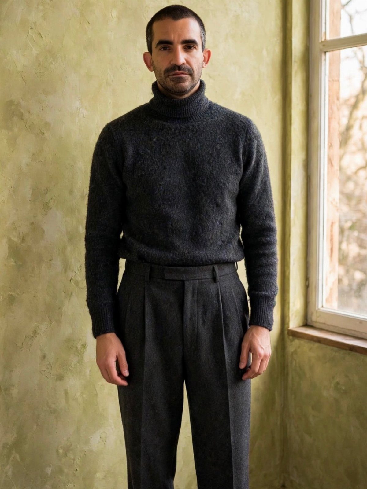 Man wearing a dark charcoal turtleneck sweater and pleated grey wool trousers standing by a window.