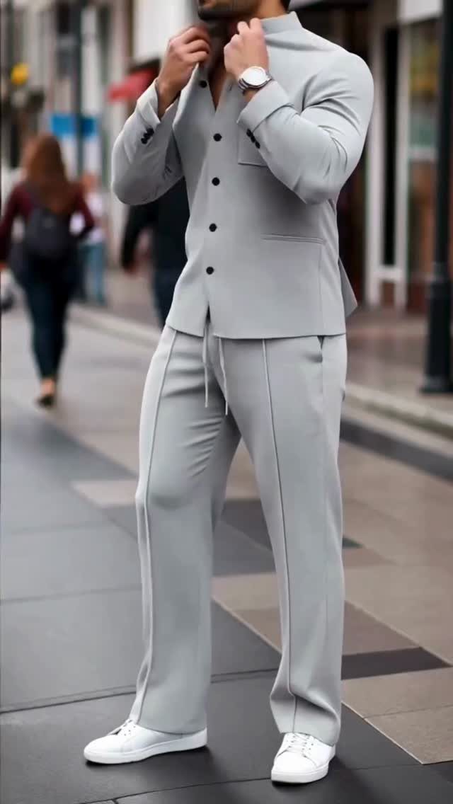 Man wearing a light grey modern casual two-piece outfit and white sneakers on a city street.