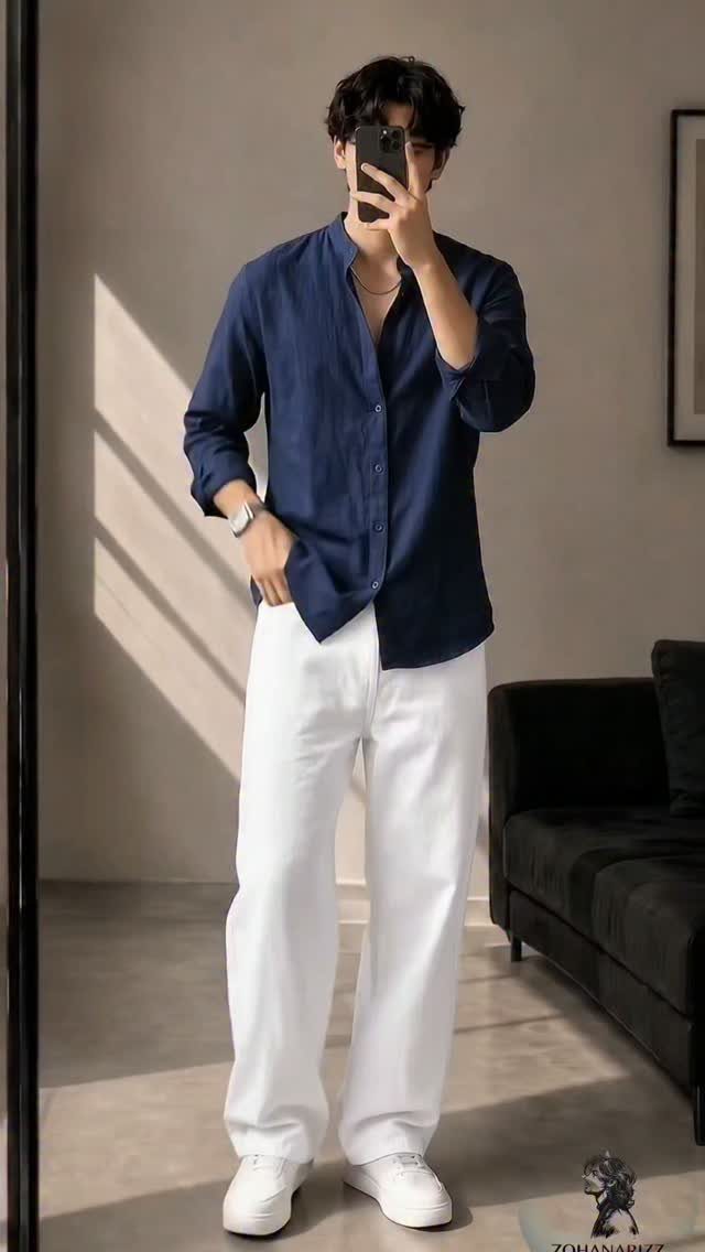 Man in a navy blue shirt and white trousers posing for a mirror selfie.