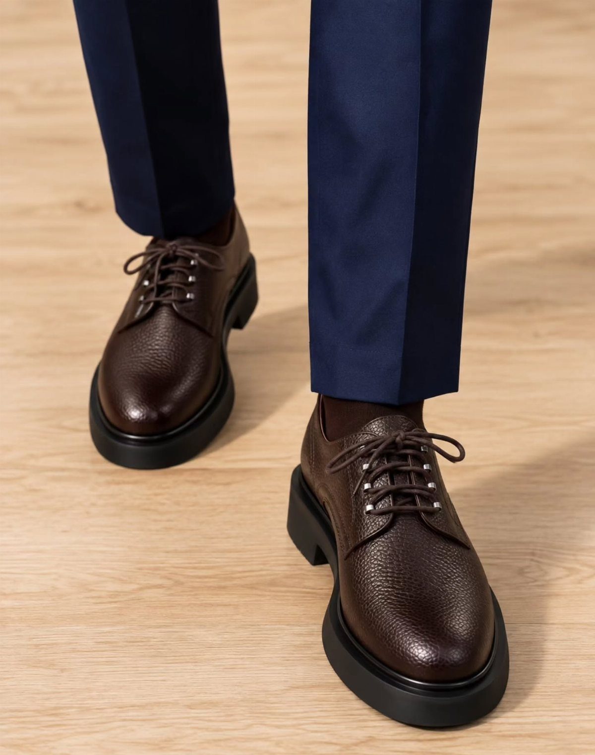 Dark brown leather derby shoes with thick black soles worn with navy blue trousers on a wooden floor.