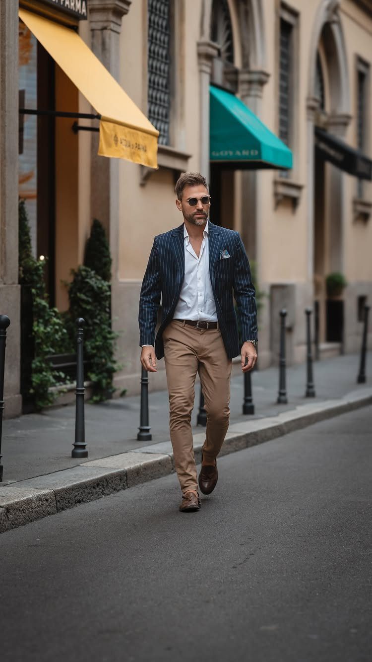 Man walking in a city wearing a patterned blazer, white shirt, and tan chinos.