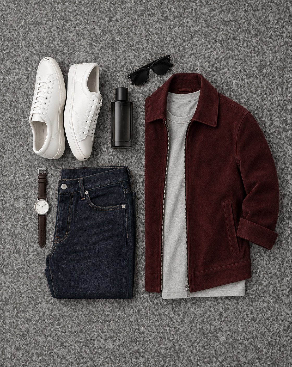 Flat lay of men's neat casual outfit including jeans, jacket, t-shirt, sneakers, and accessories.