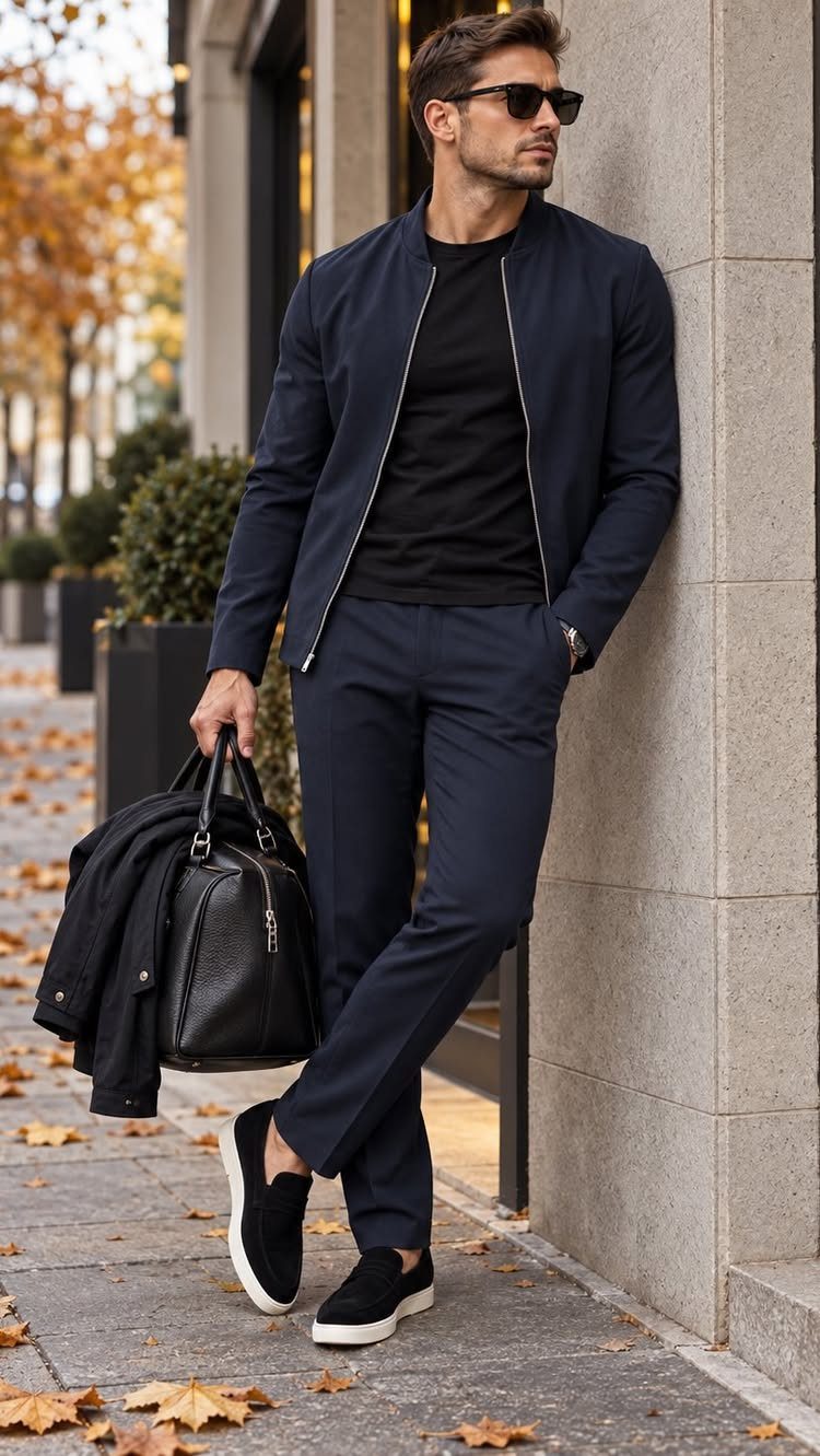 Man in navy bomber jacket, black t-shirt, and navy trousers leaning against a wall.