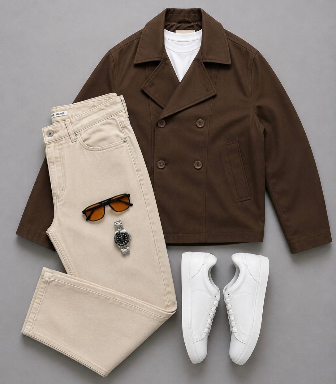 Brown pea coat, cream jeans, white sneakers, sunglasses, and a watch laid out on grey.