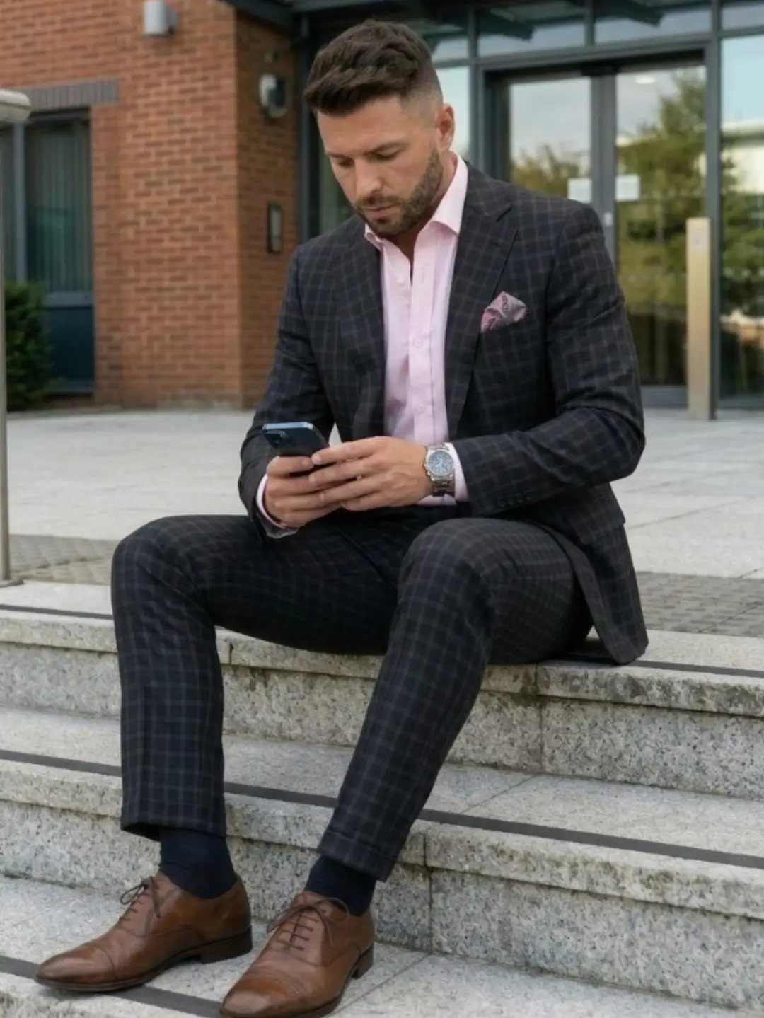 Man in a dark plaid suit and pink shirt sitting on steps using a phone.