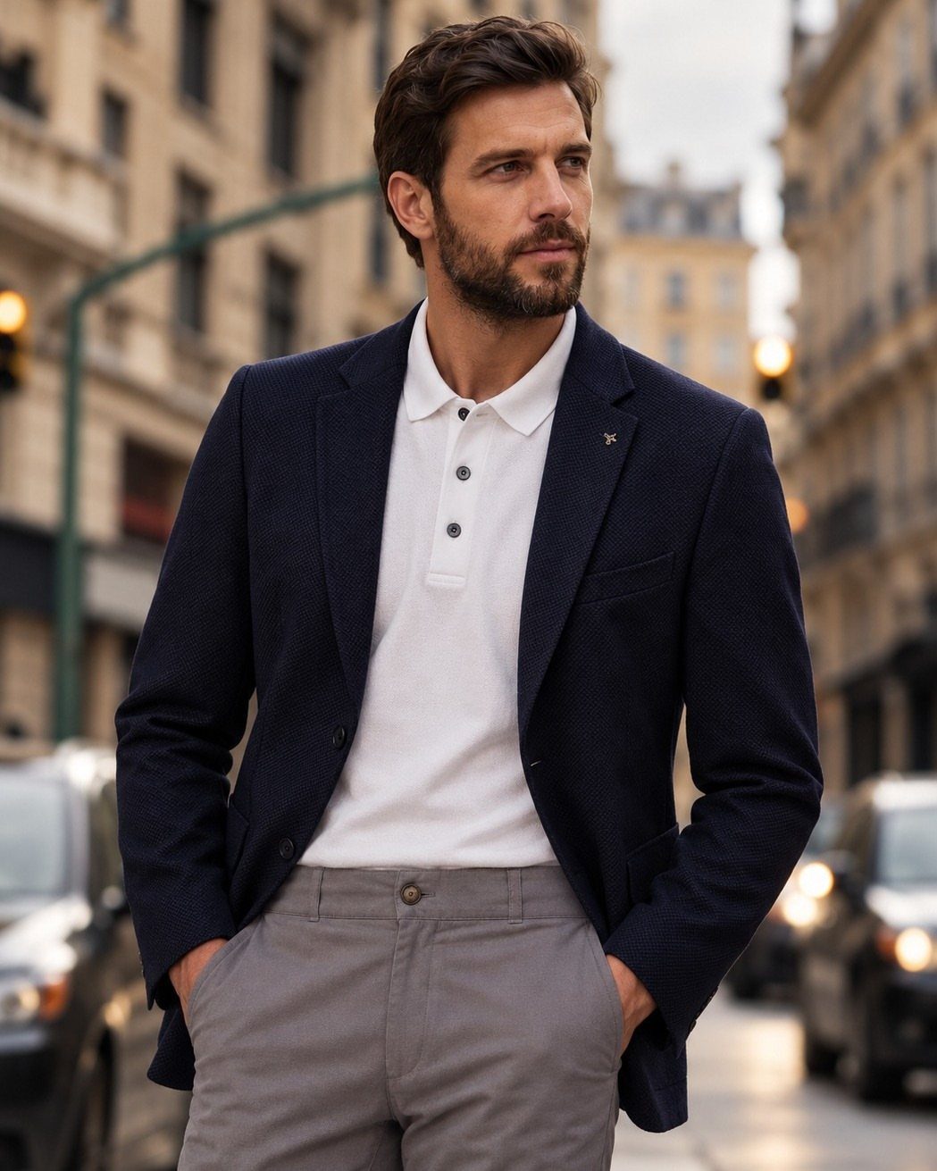 Man wearing a white polo shirt under a navy blazer and grey trousers on a city street.