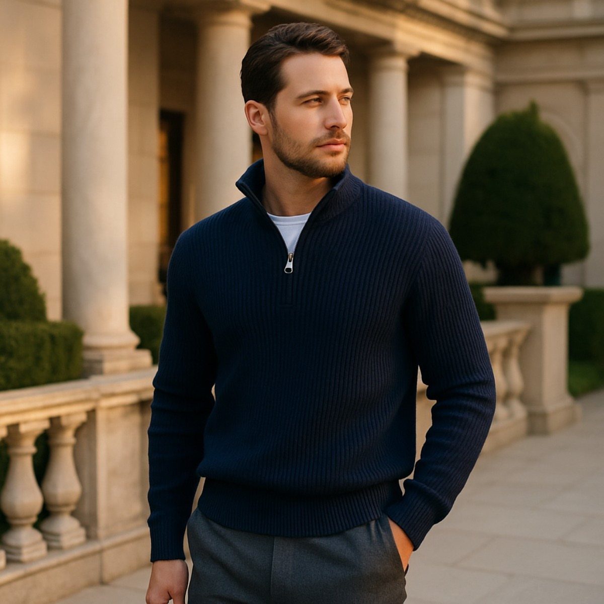 Man wearing a navy blue ribbed quarter-zip sweater and grey trousers standing by stone columns.