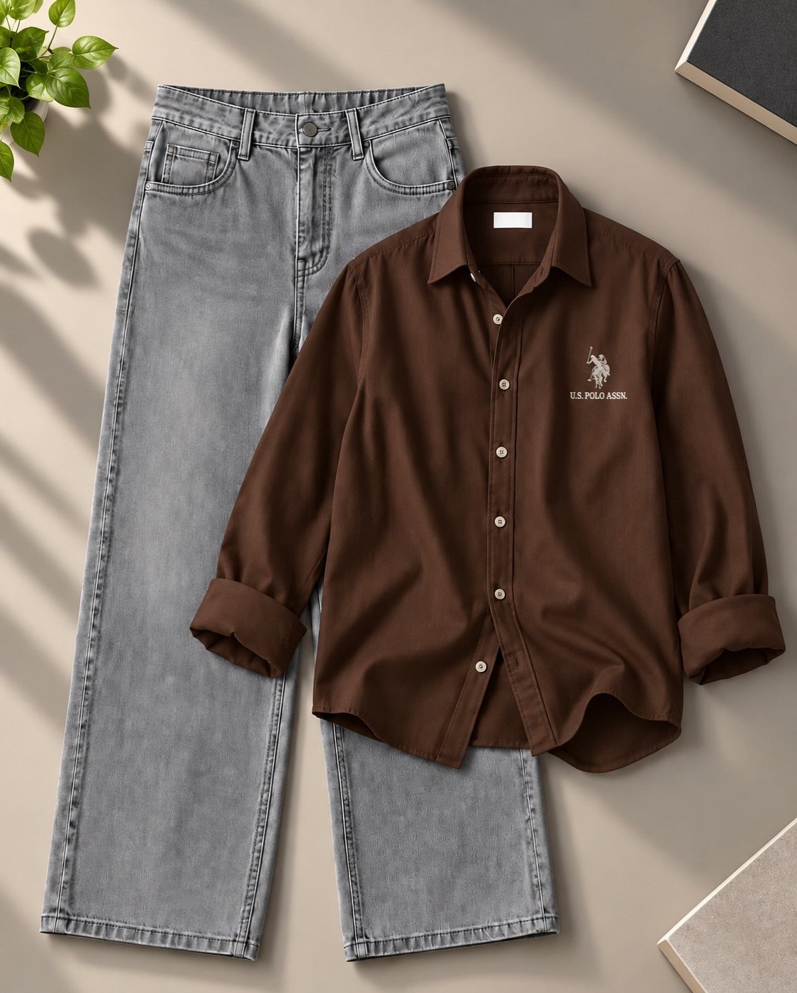 Brown button-down shirt and light grey denim jeans laid flat on a surface.