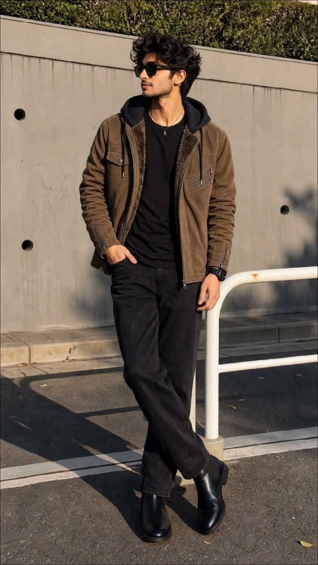 Man in a brown suede jacket, black t-shirt, black jeans, and black boots standing outdoors.