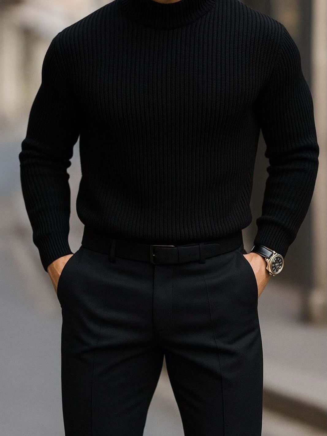 A man wearing a black ribbed turtleneck sweater and matching black trousers with a belt.
