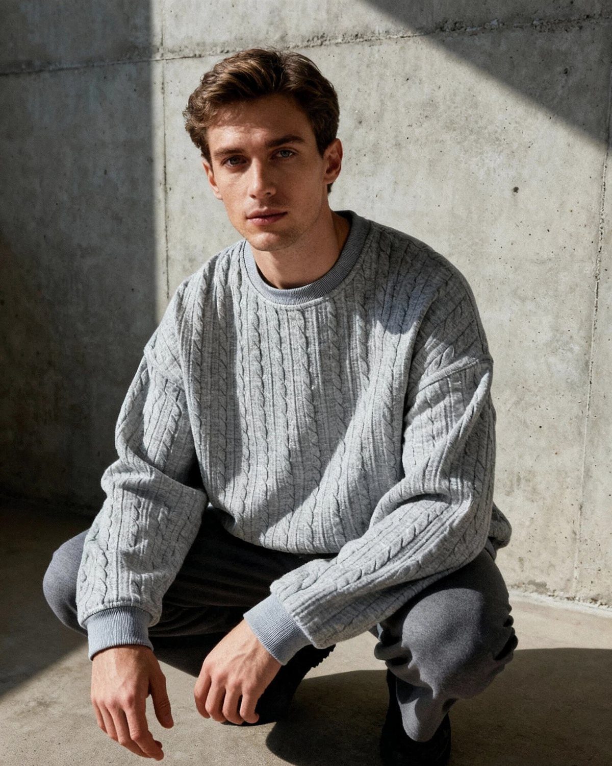 A young man wearing a grey cable-knit crew neck sweater and grey trousers crouching against a concrete wall.