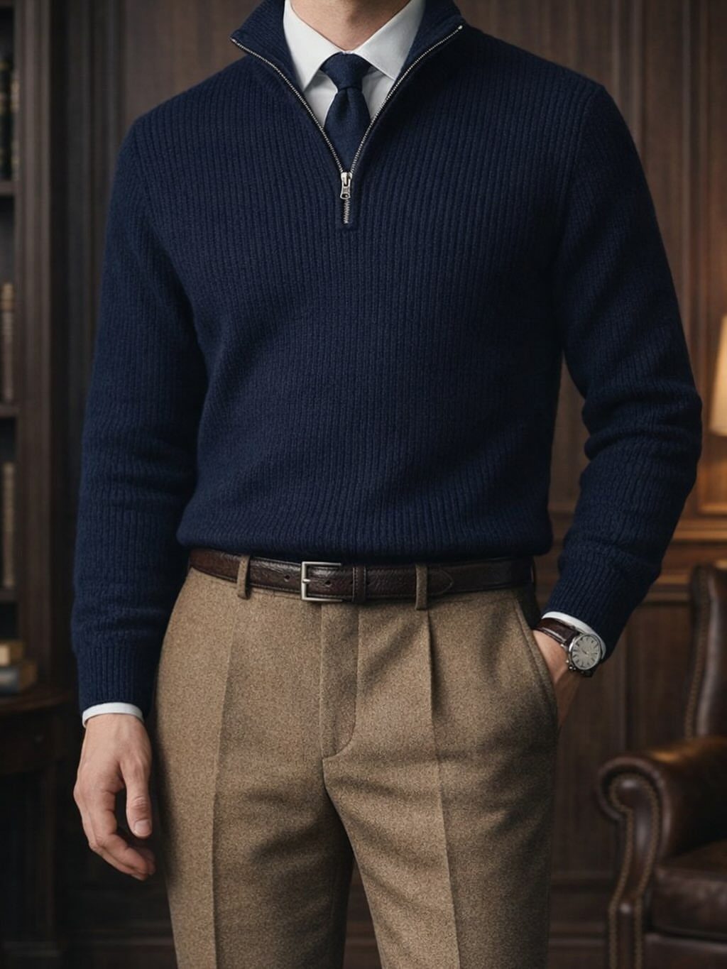 Man wearing a navy blue quarter-zip sweater over a white collared shirt and tie with brown trousers.