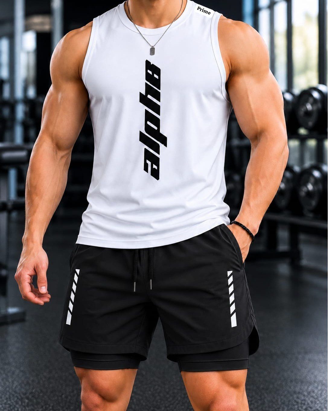 Muscular man wearing a white graphic tank top and black athletic shorts in a gym.