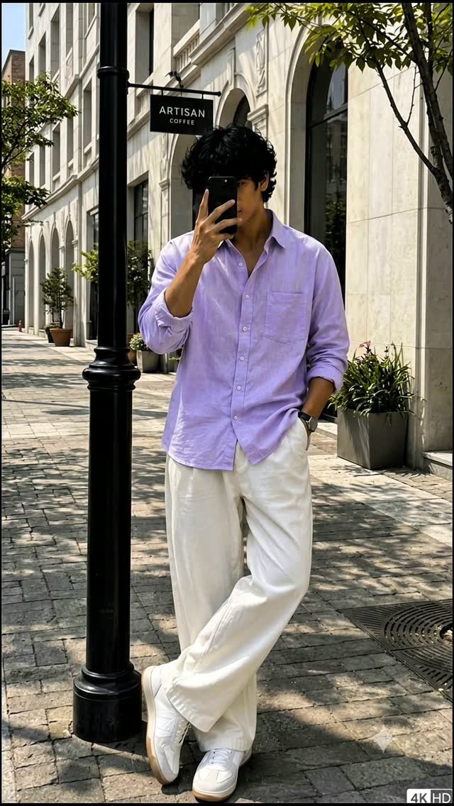 Man in a purple shirt and white pants posing on a city sidewalk.