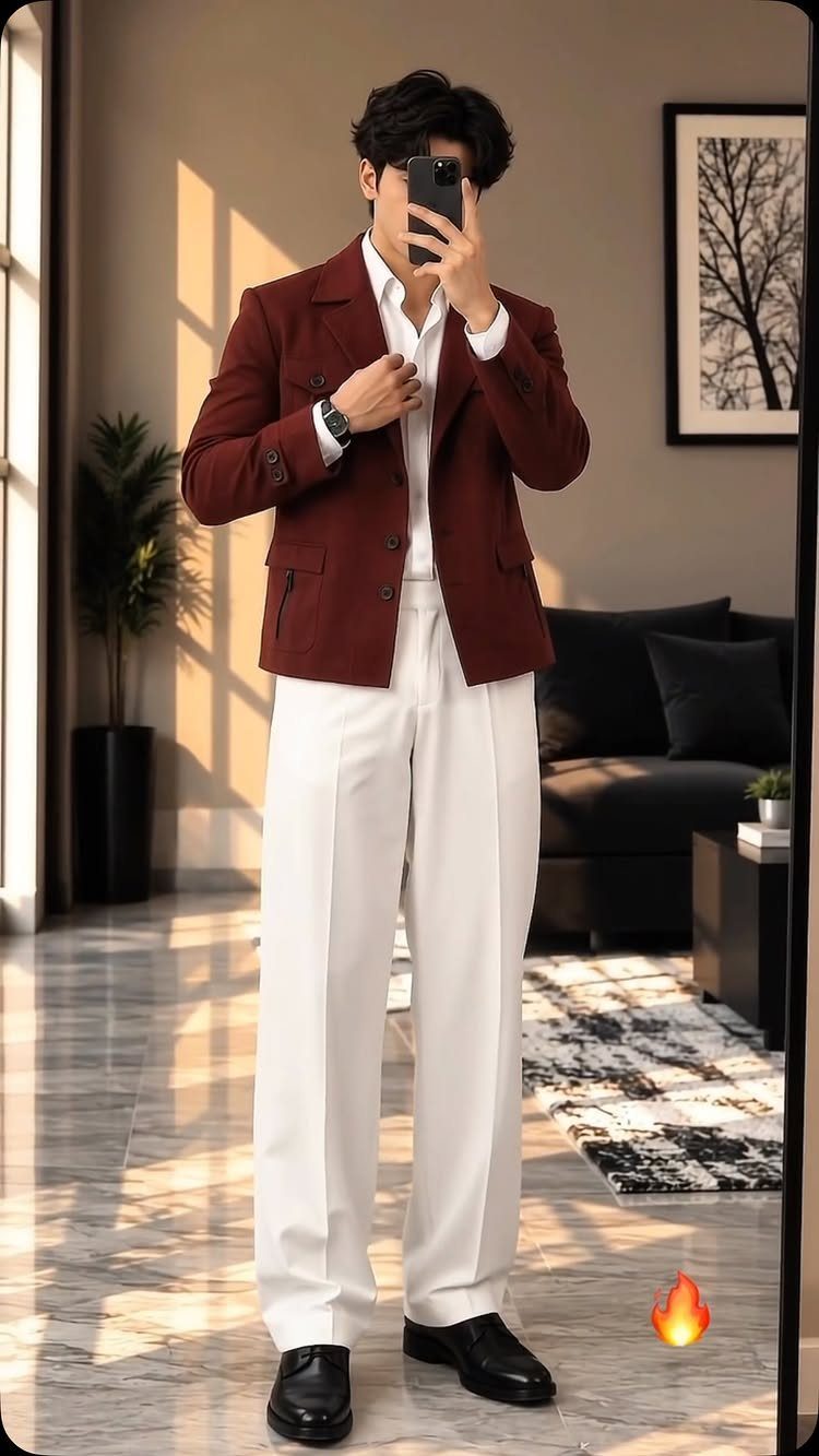 Man in a white shirt, reddish blazer, and white trousers posing for a mirror selfie.
