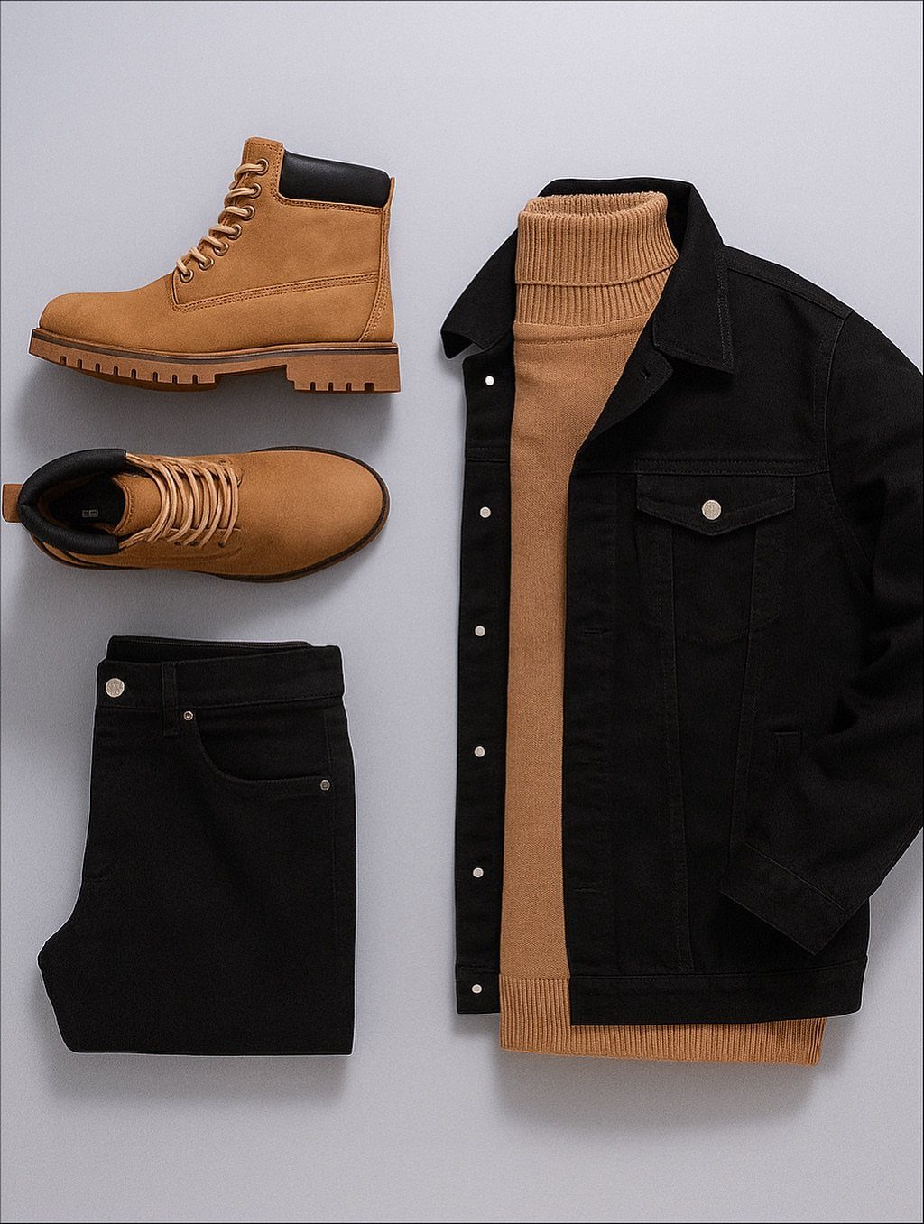 Tan boots, black jeans, a tan turtleneck, and a black denim jacket arranged in a flat lay.