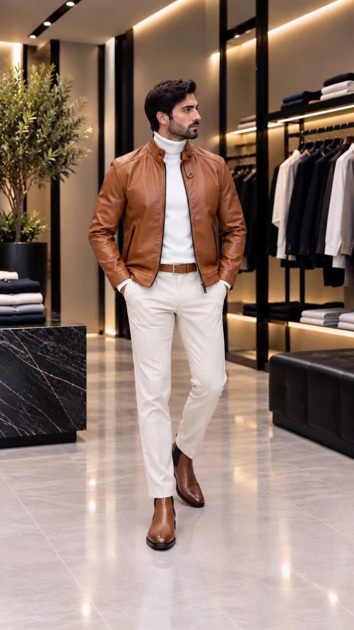 Man in a brown leather jacket and white turtleneck walking through a luxury clothing boutique.