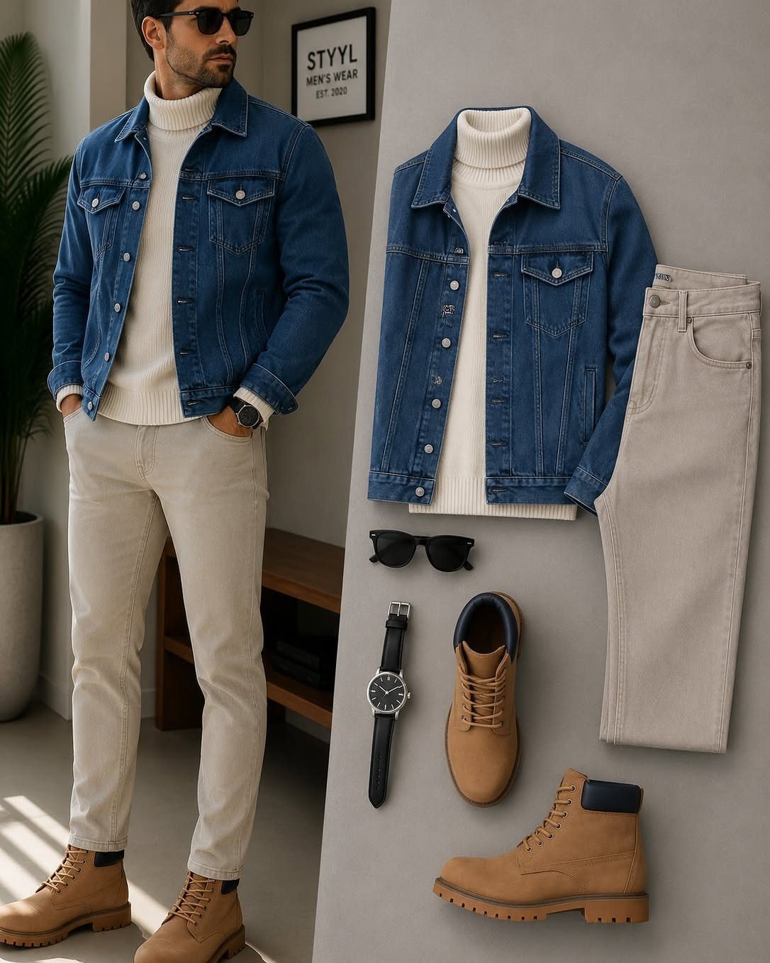 Man in denim jacket and beige trousers standing next to a flat lay of similar clothing items.