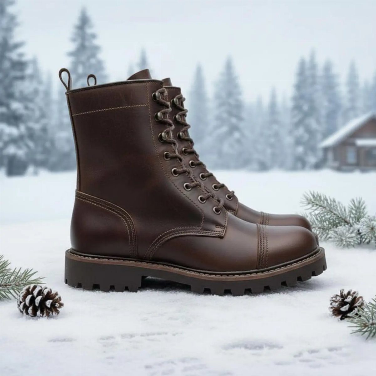 Brown leather lace-up combat boots resting in the snow with a winter forest background.