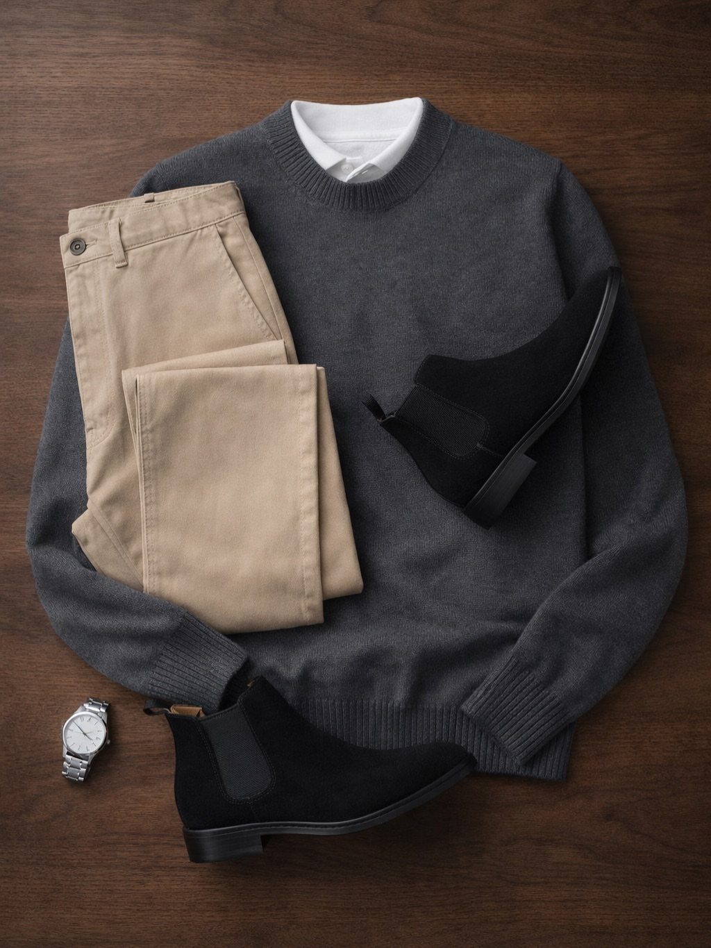 Grey sweater, white shirt, tan chinos, and black suede boots arranged on a dark wooden surface.